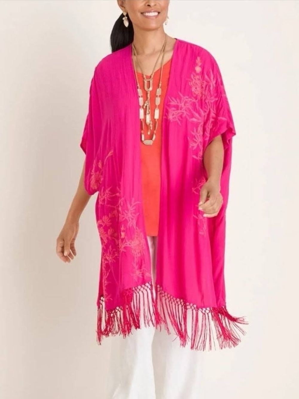 Chico's Hot Pink Floral Fringe Kimono